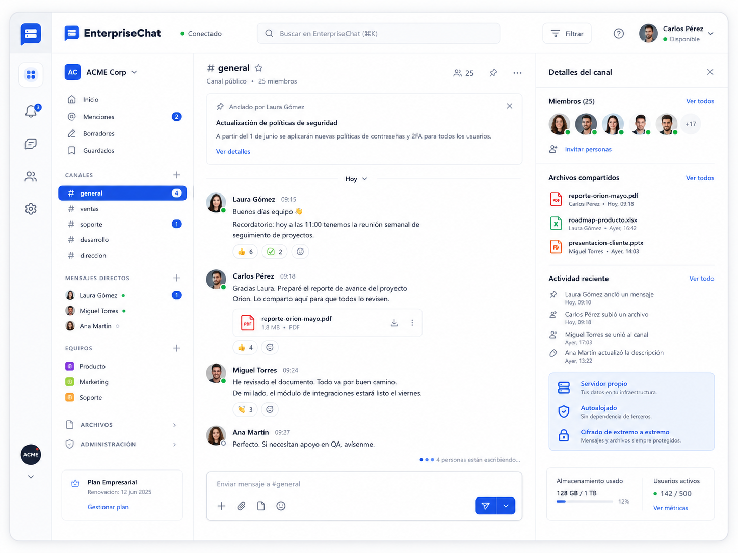 Cliente EnterpriseChat: lista de canales, conversación con respuestas en hilo, panel de detalles y composer.